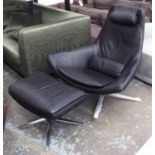 B&B ITALIA METROPOLITAN LOUNGE CHAIR AND STOOL, by Jeffrey Bernett in black leather.