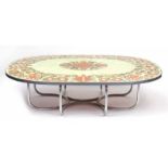 LOW TABLE, Scandinavian circa 1970 of substantial proportions, tiled top on a chrome base,