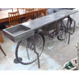 CONSOLE TABLE, vintage Indian bicycle with gun metal top, 200cm W.