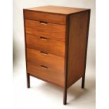 CHEST, 1970's teak with five drawers and stile supports labelled 'Fyne lady of Banbury',