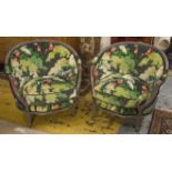 BERGERES, a pair, Louis XV style painted in parrot patterned velvet, 85cm W.