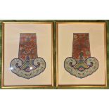 CHINESE SILK GOWN PANELS, a pair 19th century hand embroidered, gilt frames, 50cm x 39cm,