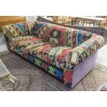 SOFA, kilim and mauve velvet upholstered with two deep seat cushions, 232cm x 122cm.