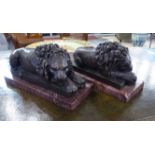 LIONS, a pair, bronze after Canova on marble bases, 33cm x 12cm x 16cm H.