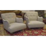 ARMCHAIRS, a pair, of large size in ticking upholstery, 84cm x 110cm.