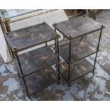 ETAGERES, a pair, black Chinoiserie painted with faux bamboo supports, 73cm H x 40cm x 30cm.