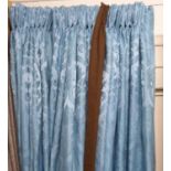 CURTAINS, two pairs, in blue damask with brown border, lined and interlined,