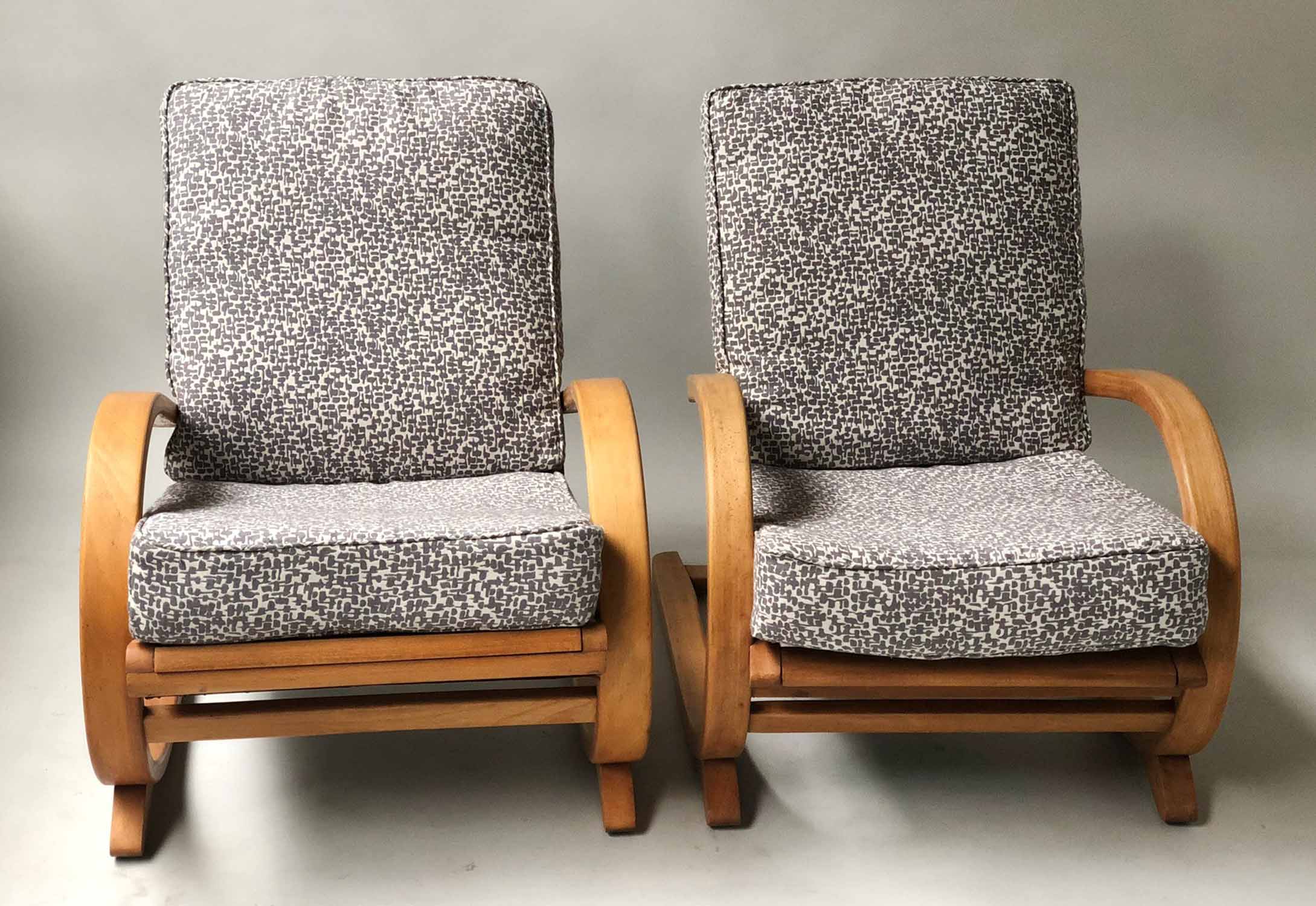 ARMCHAIRS, a pair, 1960's Danish bentwood frame and cushions, 60cm W.