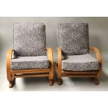 ARMCHAIRS, a pair, 1960's Danish bentwood frame and cushions, 60cm W.