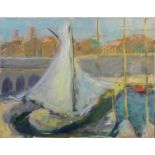 MID 20th CENTURY SCHOOL 'Yacht in Mediterranean Harbour', oil on canvas, 46cm x 61cm, framed.