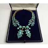 UNUSUAL MIDDLE EASTERN TURQUOISE NECKLACE, set in rose coloured metal unmarked, 22cm L,