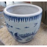 JARDINIERE, oriental blue and white, depicting figures in a garden, sitting, playing Mahjong,