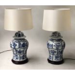 LAMPS, a pair, Chinese blue and white ceramic of lidded ginger jar form, 56cm H.