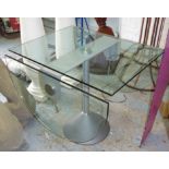 DINING TABLE, contemporary design glass with drop leaves on centre column pedestal,