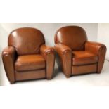 CLUB ARMCHAIRS, a pair, club style with rounded backs and arms in hand finished mid brown leather,