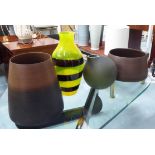 TWO POTS, one 34cm H the other 21cm H, a yellow and brown glass vase 43cm H and green glass vessel,