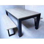 DINING TABLE AND BENCHES, rectangular solid teak,