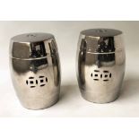 STOOLS, a pair, Chinese ceramic pierced silver barrel form, 62cm H.