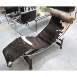 AFTER LE CORBUSIER LOUNGER, cow hide on a tubular chromed metal support, 170cm L.