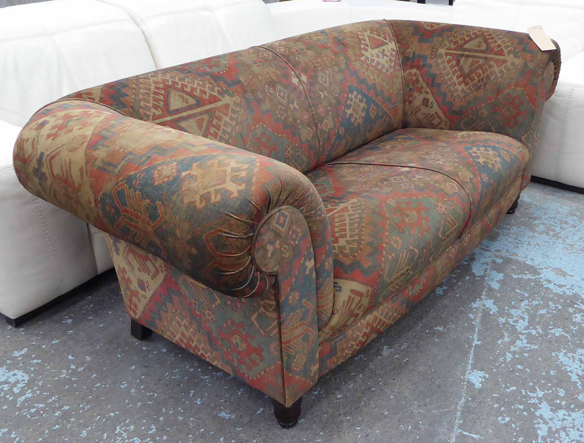 CHESTERFIELD SOFA, two seater, Kelim fabric on turned supports, 165cm L.