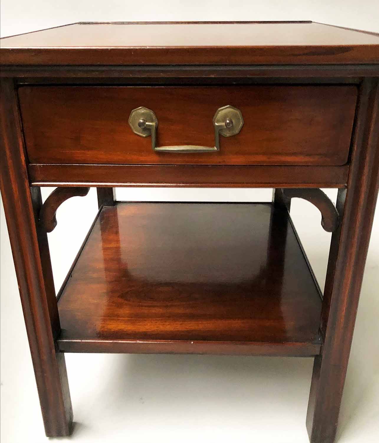 LAMP TABLES, a pair, George III design mahogany each with frieze drawer and undertier, - Image 3 of 3