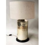 LAMP, silver glazed with large linen drum shade, 80cm H .