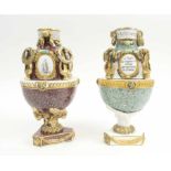 MEISSEN PORCELAIN URNS, a pair, scagliola glaze with gilt detail, 25cm H.