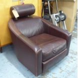 ARMCHAIR, brown leather and footstool.