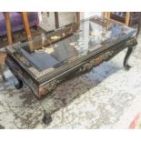 LOW TABLE, black lacquer Chinoiserie design with applied bird detail,