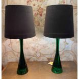 TABLE LAMPS, a pair, bottle green resin bases with tapered grey velvet shades, overall each 79cm H.