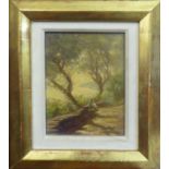 ALBERT STAREPEC 'Sat by the Trees', oil on board, signed lower right, 17cm x 12cm, framed.