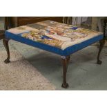 CENTRE STOOL, Georgian style in blue velvet and needlework depicting a biblical scene,