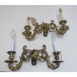 WALL LIGHTS, a set of four, 19th century gilt bronze, twin branch in the Rococo manner,