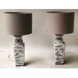 LAMPS, a pair, Chinese blue and white ceramic of wasted vase form, 44cm H .