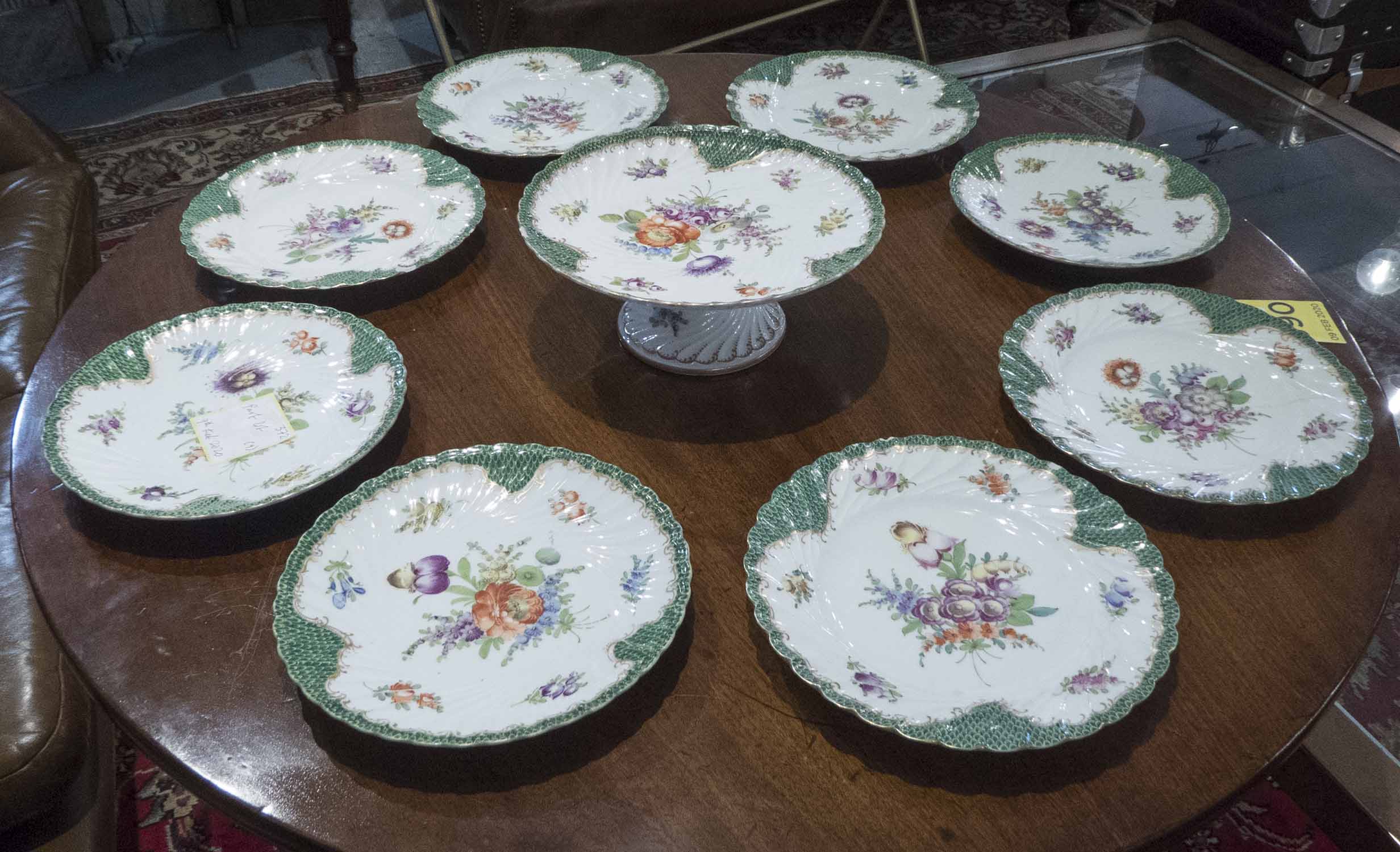 DRESDEN PLATES, a set of eight, together with a matching cake stand.