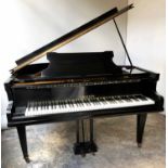 BABY GRAND PIANO, Challen iron framed overstrung in an ebonised case, 148cm x 145cm.