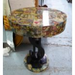 LAMP TABLE, oval top in Marvel comic strip decoration on dollar sign column, 48.5cm D x 66.