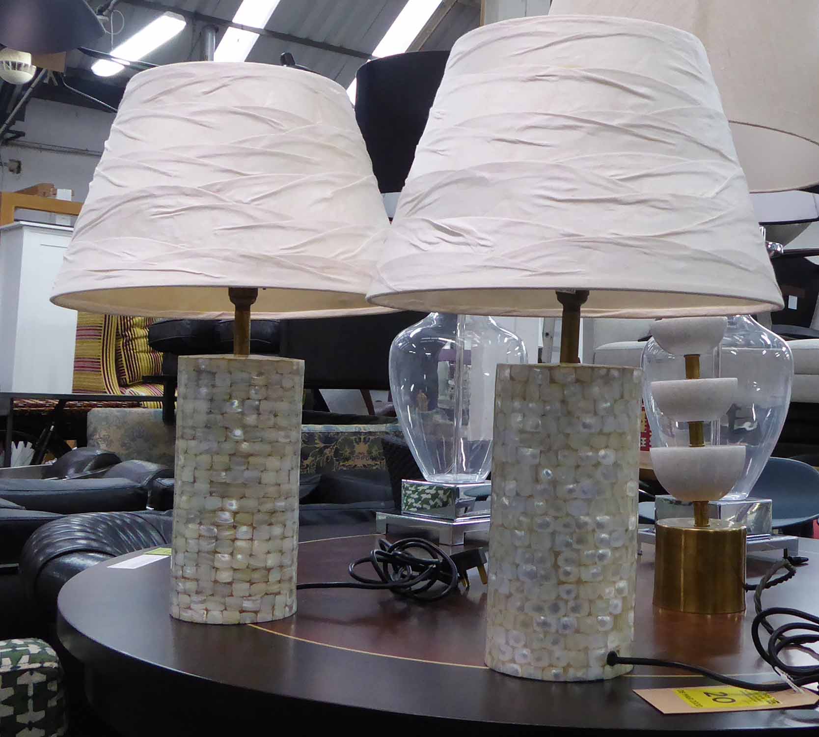 LAMPS, a pair, mother of pearl, 55cm H including shade.