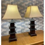 PAGODA TABLE LAMPS, a pair, with shades, 69cm H.