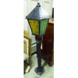 STANDARD LAMP, mid century French, black painted finish with original coloured glass.