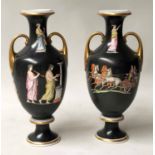 VASES, a pair, Greek decorated twin handled vases, 41cm H.