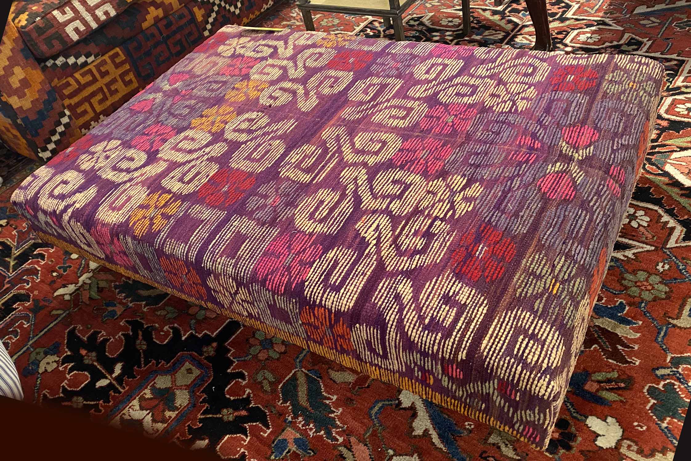 HEARTH STOOL, rectangular in purple patterned material, 80cm W x 120cm D.