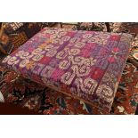 HEARTH STOOL, rectangular in purple patterned material, 80cm W x 120cm D.