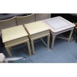 BEDSIDE TABLES, a pair, painted 45cm x 45cm x 61cm h and a matching table 61cm x 59cm H x 61cm.