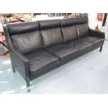 SOFA, four seater, black leather on square supports, 252cm L.