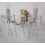 WALL SCONCES, a pair, twin branch in Bohemian crystal on brass supports, 30cm H.