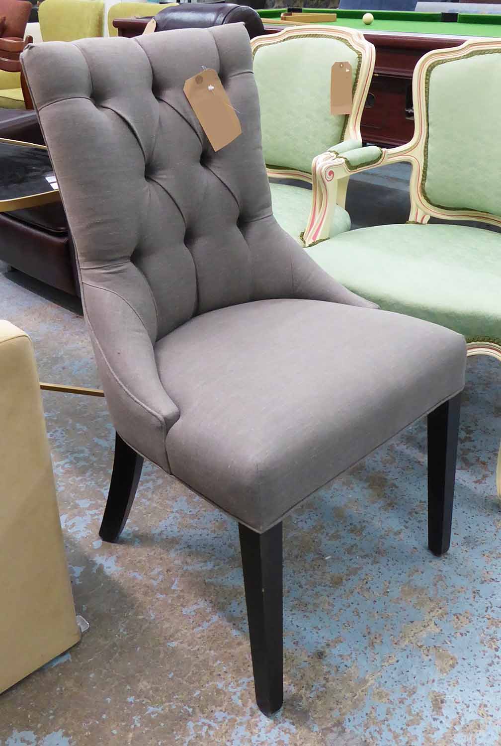 SIDE CHAIR, buttoned back, grey upholstered, 100cm H.