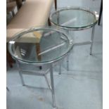 SIDE TABLES, a pair, contemporary tempered glass tops, 56cm H x 50cm D.