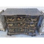 CHEST, of shaped outline, black lacquer with gilt Chinoiserie detail, three drawers,