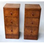 BEDSIDE CHESTS, a pair, Art Deco birds eye maple, each adapted with three drawers,